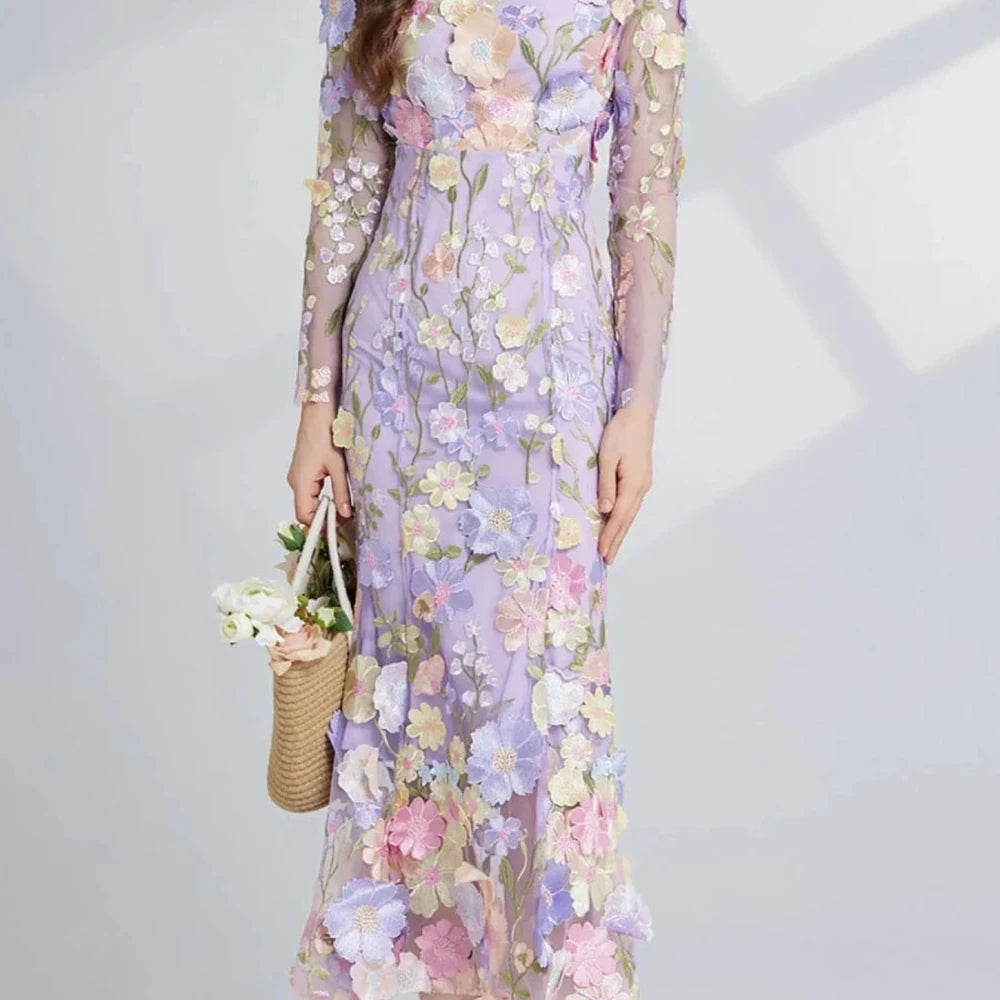Floral Embroidered Mesh Midi Dress