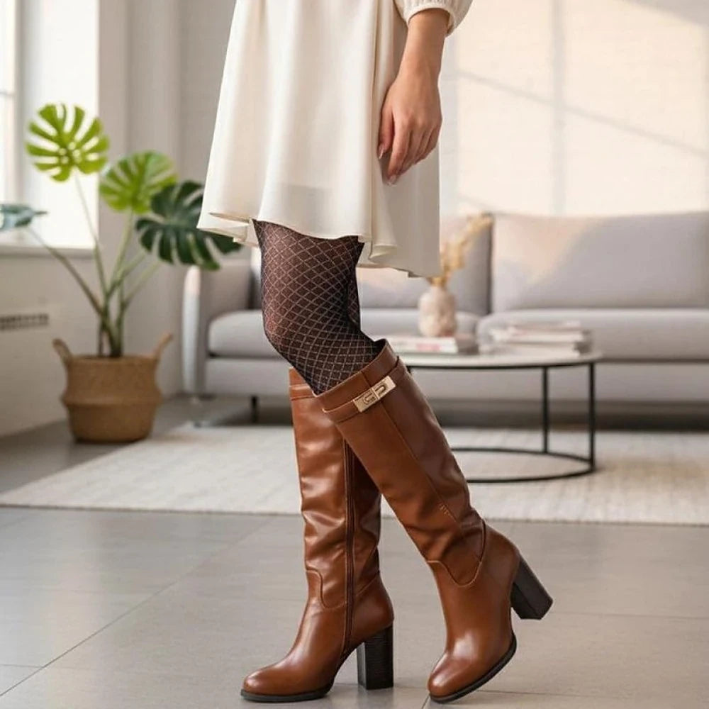 Brown Heeled Boots with Gold Ornament