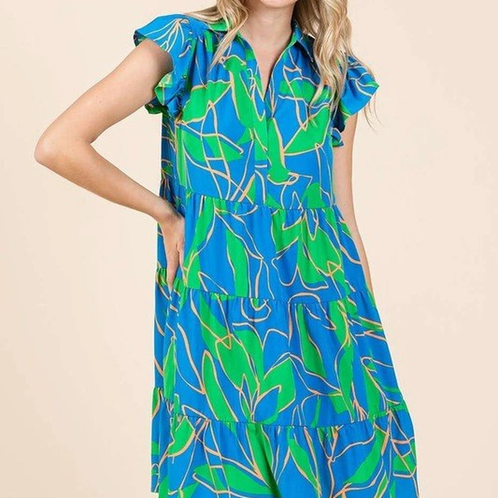 Leaf Print Ruffle Sleeve Mini Dress
