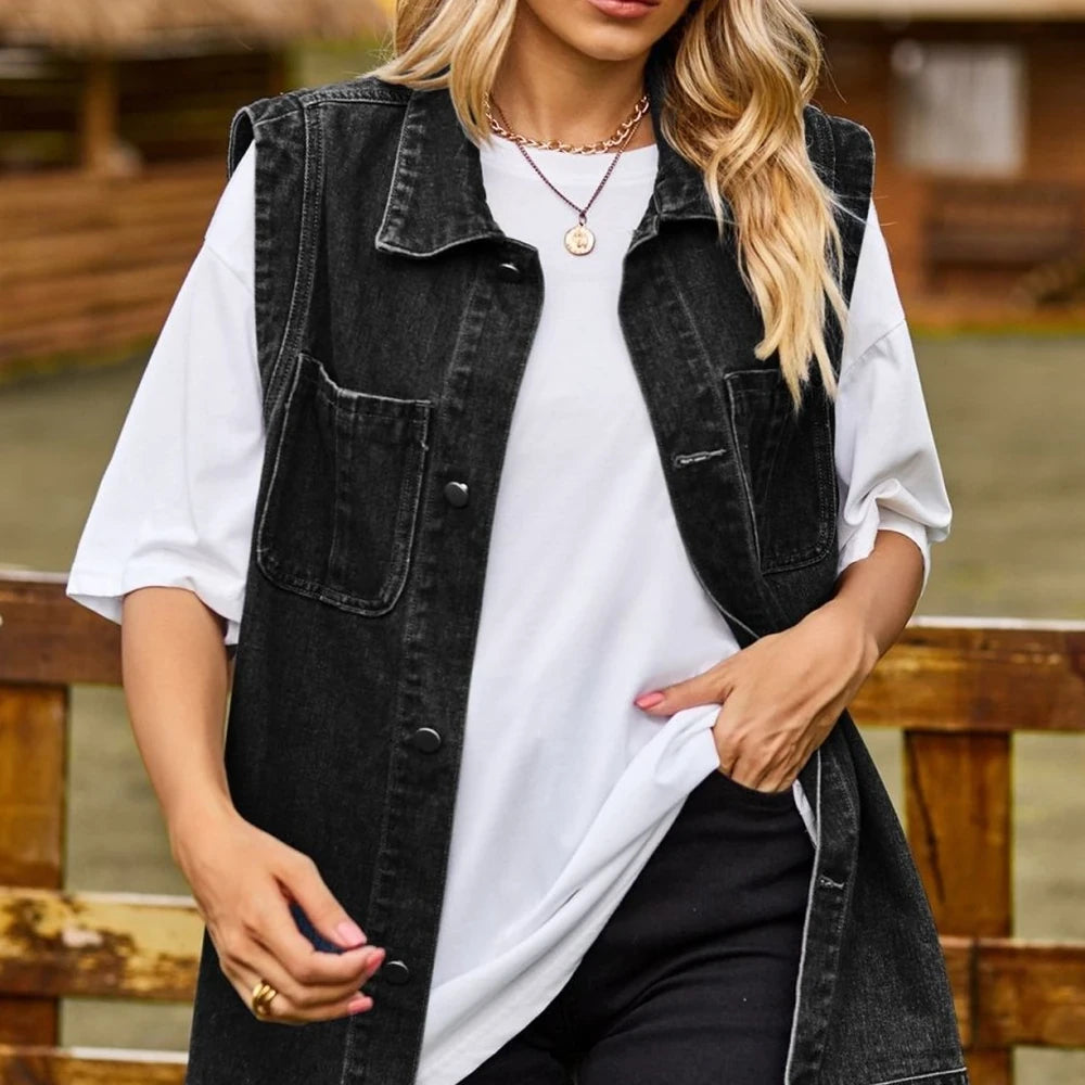 Sleeveless Collared Denim Vest