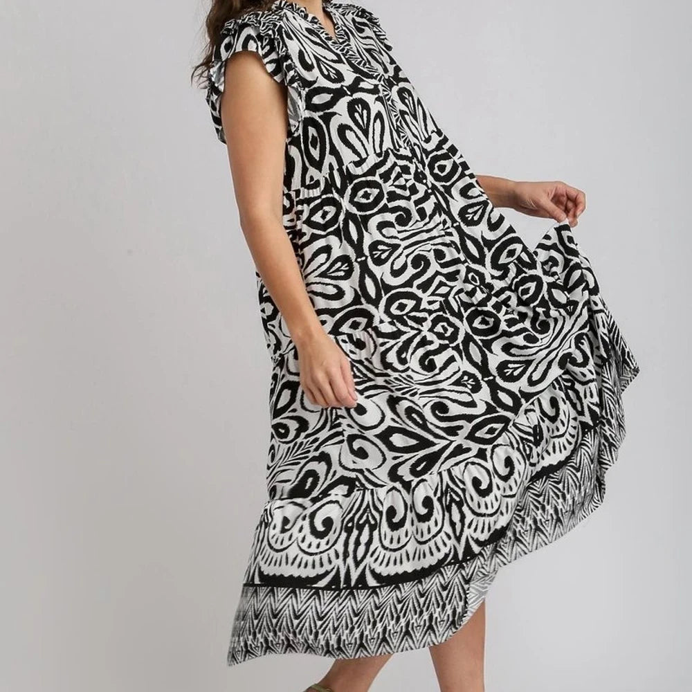 Umgee Two Tone Border Print Midi Dress