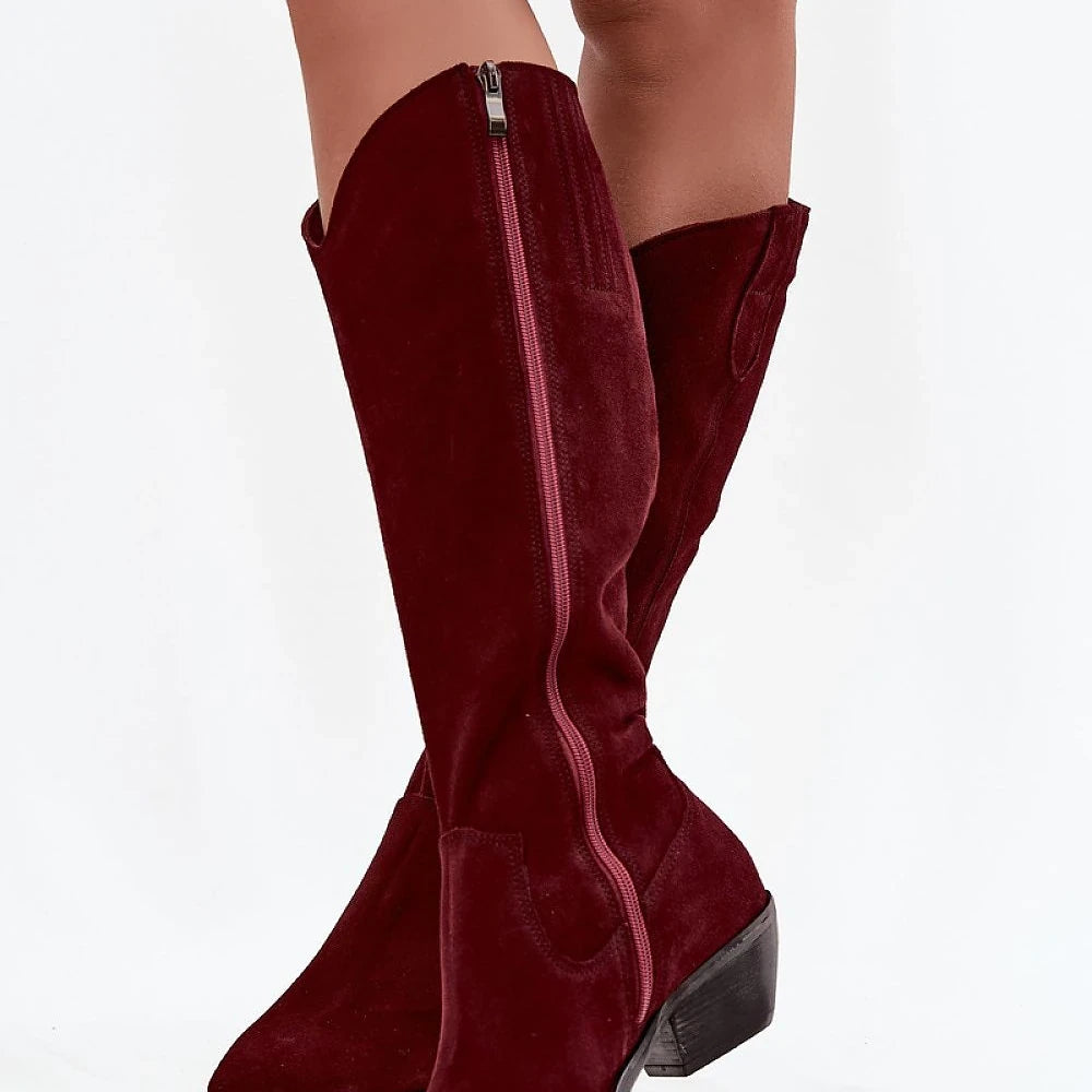 Red Suede Pointed Toe Cowgirl Heel Boots