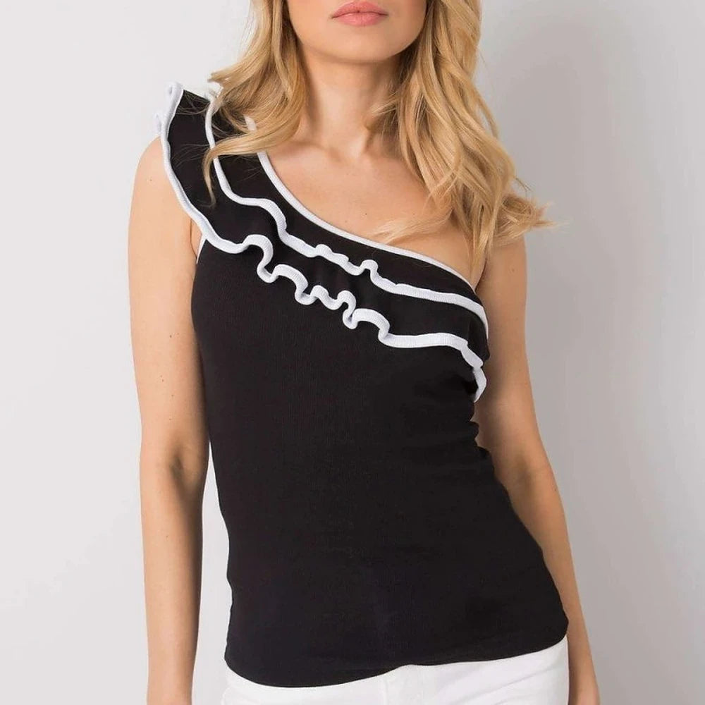 Asymmetrical Neckline Top with Decorative Frill
