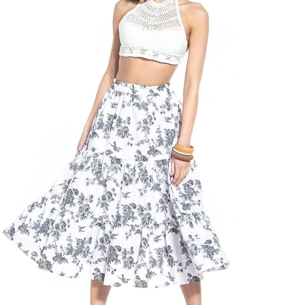 Floral Print Cotton Midi Skirt
