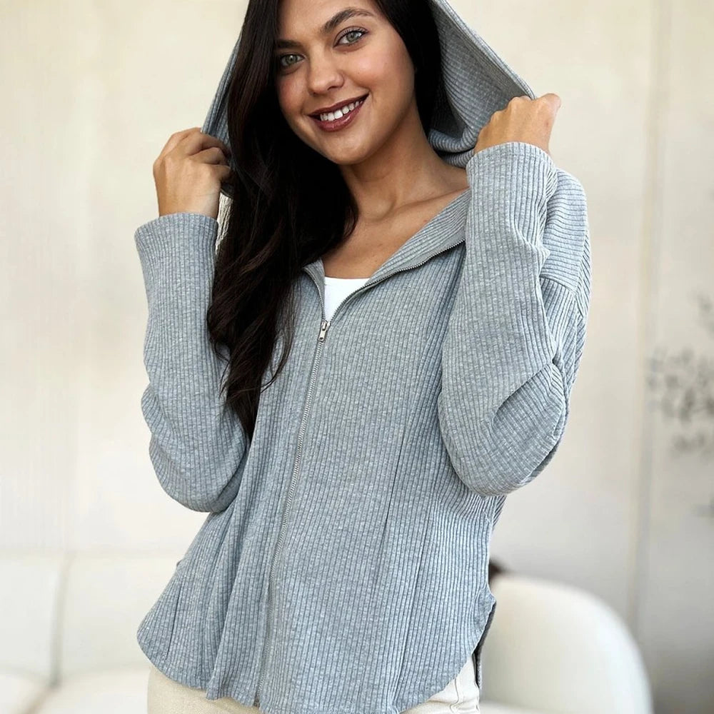 Ribbed Zip-Up Drawstring Hooded Jacket