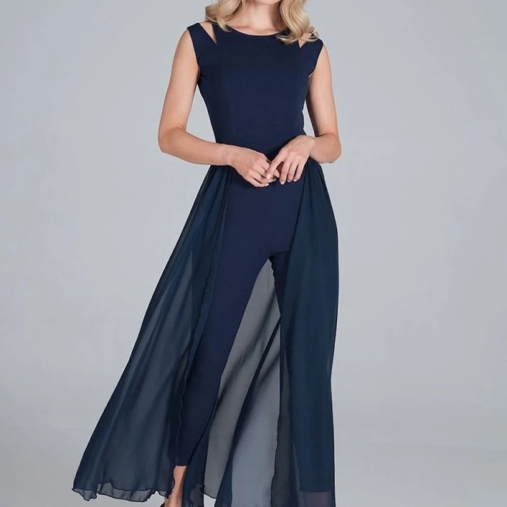 Sleeveless Chiffon Jumpsuit with Slit Skirt