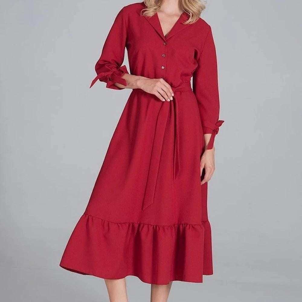 Maxi Dress Ruffle Hem V-Neck Buttoned