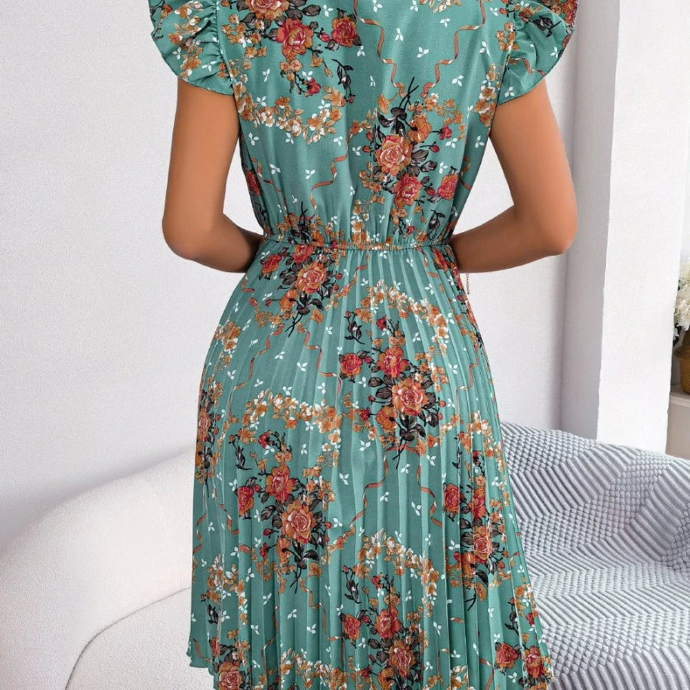 Floral Tie Neck Knee Length A-line Dress