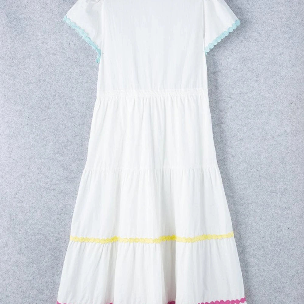 Contrast Trim Button Up Dress - White Cotton