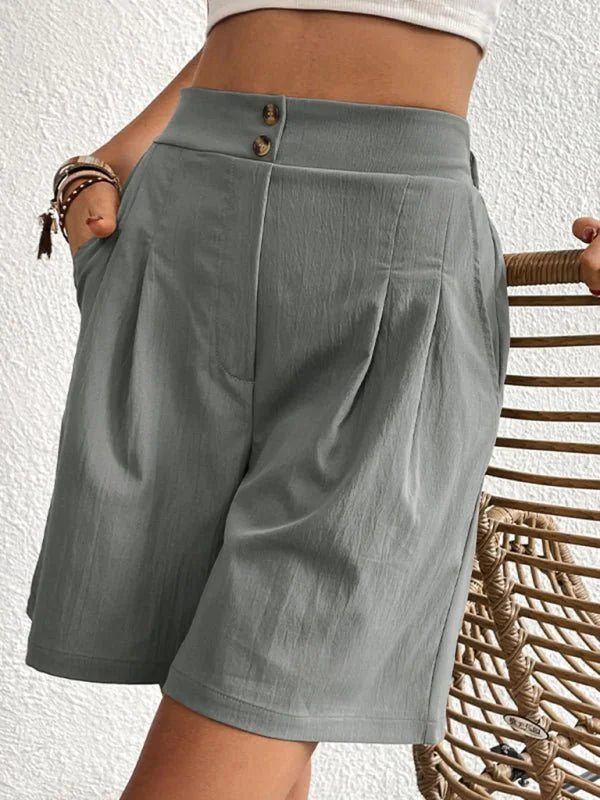 Gray textured shorts with a high waist and two button details.
