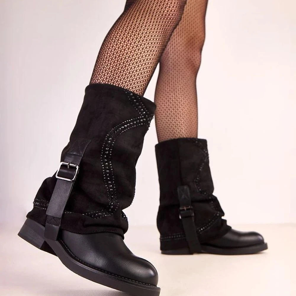 Faux Suede Thigh-High Boots with Zircons