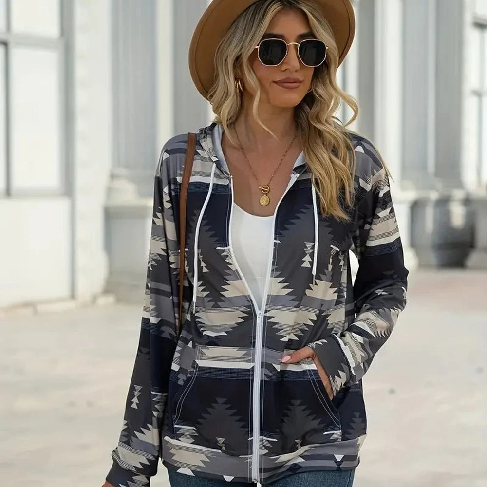 Geometric Zip Up Hooded Jacket