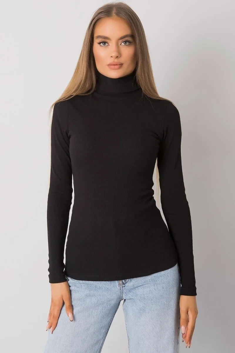 Black ribbed turtleneck long-sleeve top with a fitted cut, worn by a model.