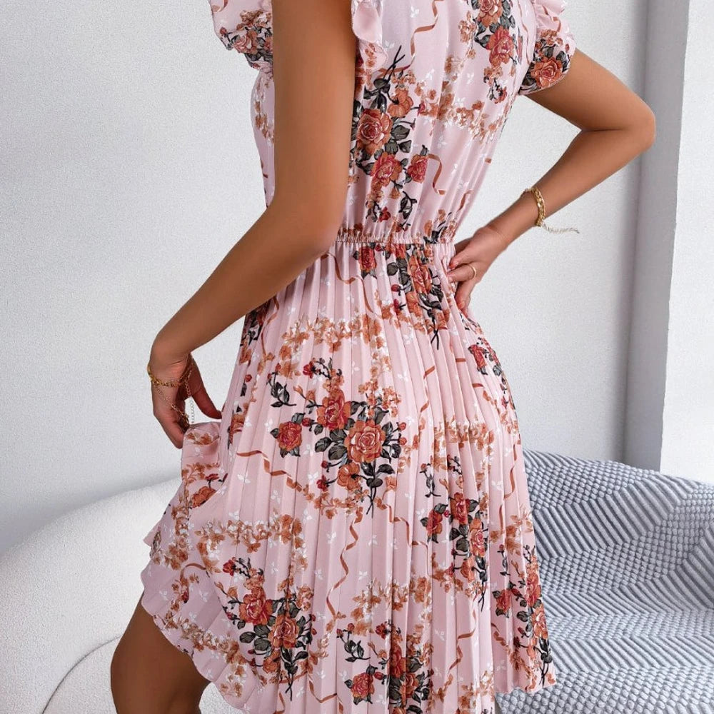 Floral Tie Neck Knee Length A-line Dress