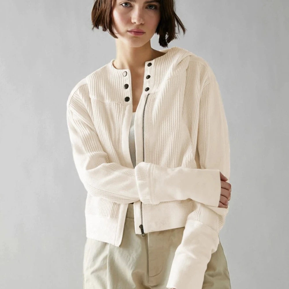 Waffle Knit Hooded Jacket with Dropped Shoulders