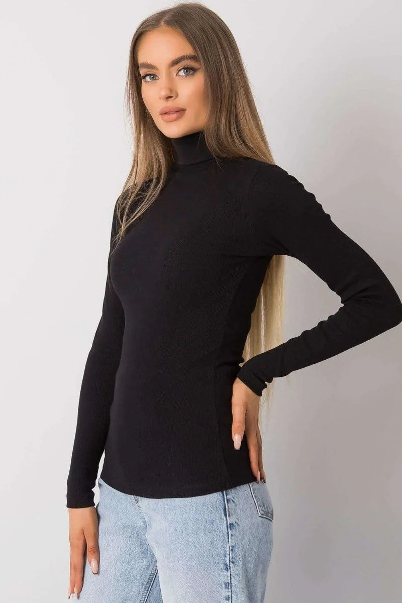 Black ribbed turtleneck with fitted long sleeves, paired with light wash denim.