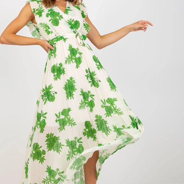 Orange Green Long Sleeve Frill Waist Tie Dress