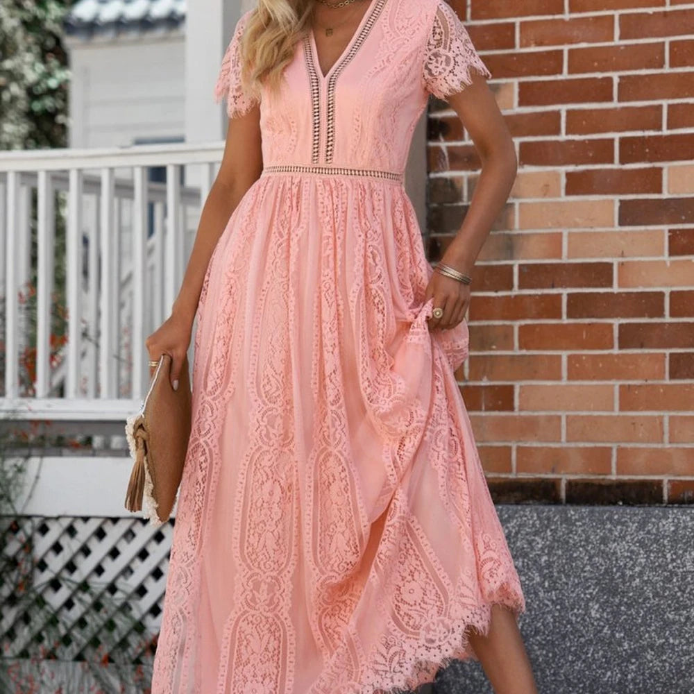 Scalloped Lace V-Neck Maxi Dress