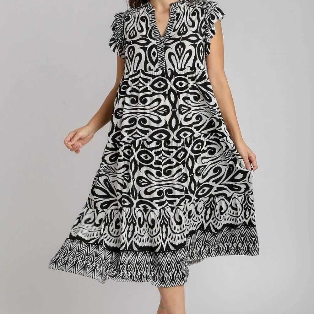 Umgee Two Tone Border Print Midi Dress
