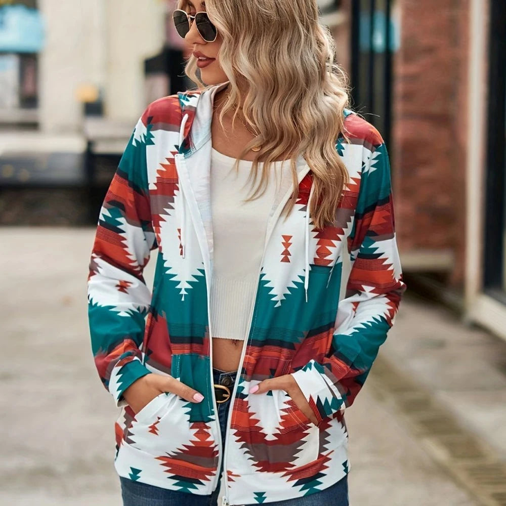 Geometric Zip Up Hooded Jacket