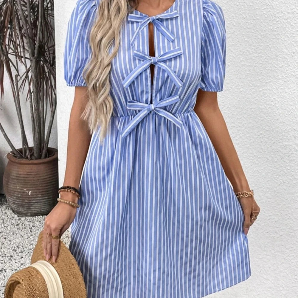 Striped Short Sleeve Mini Dress with Tie