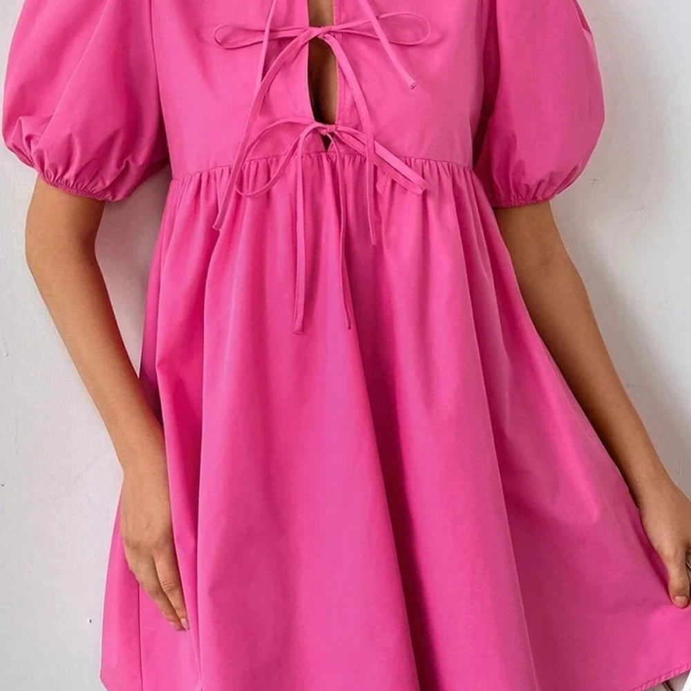 Puff Sleeve Tie Front Mini Dress