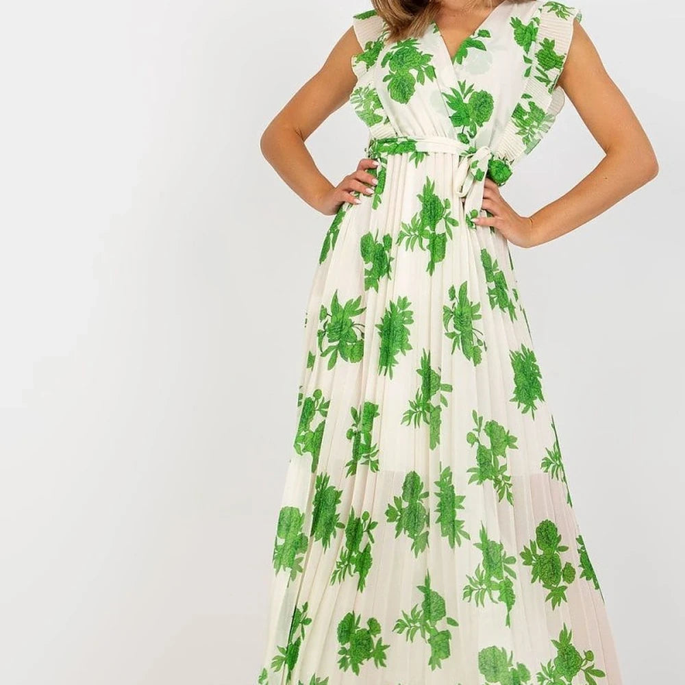 Orange Green Long Sleeve Frill Waist Tie Dress