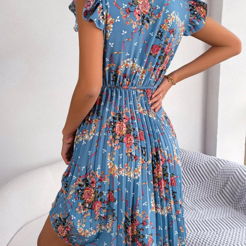 Floral Tie Neck Knee Length A-line Dress
