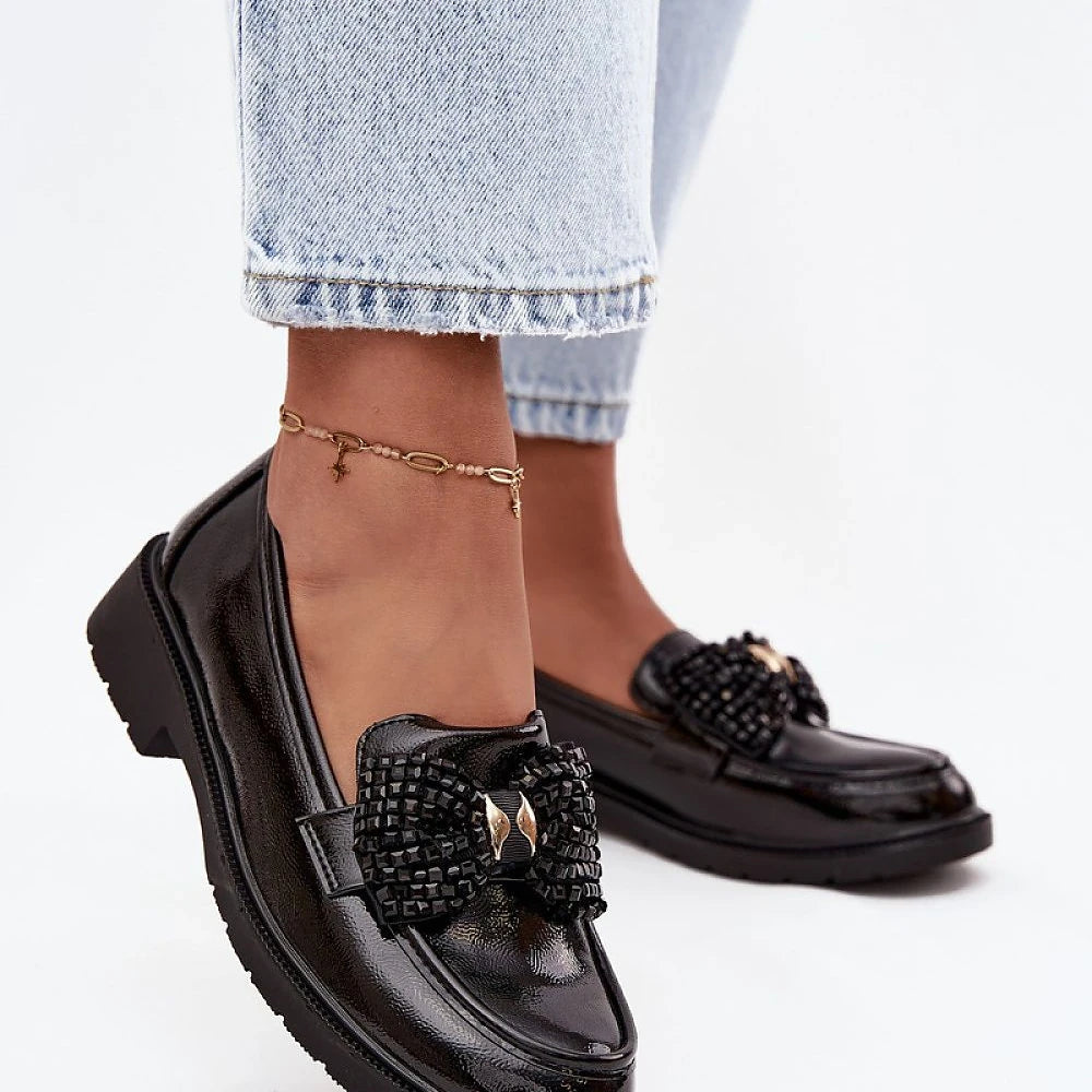 Women's Black Leather Loafers with Bow Detail