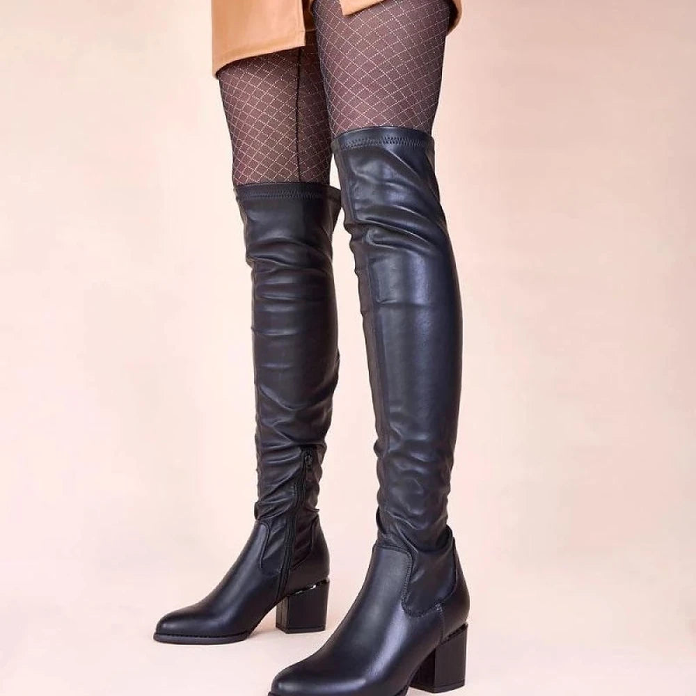 Black Over-the-Knee Boots with Block Heel