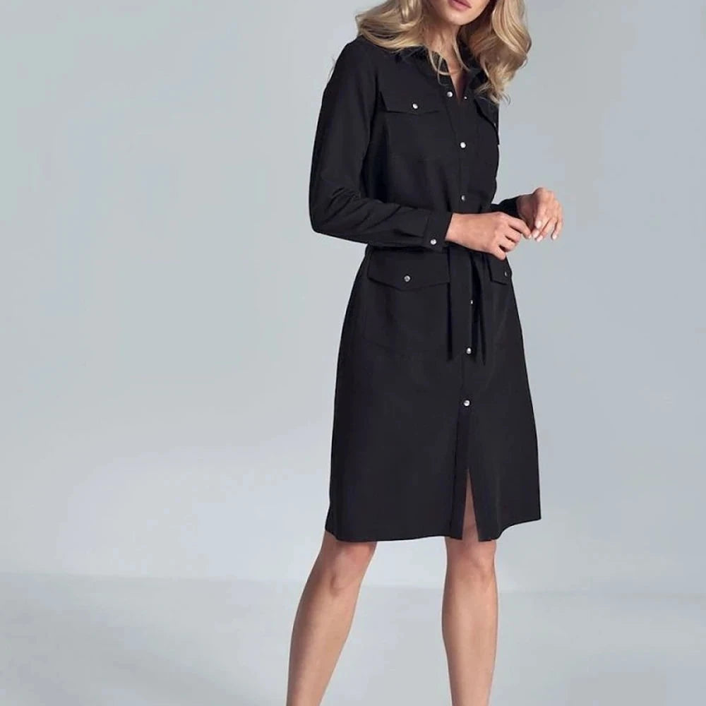 Black Midi Shirt Dress with Belt