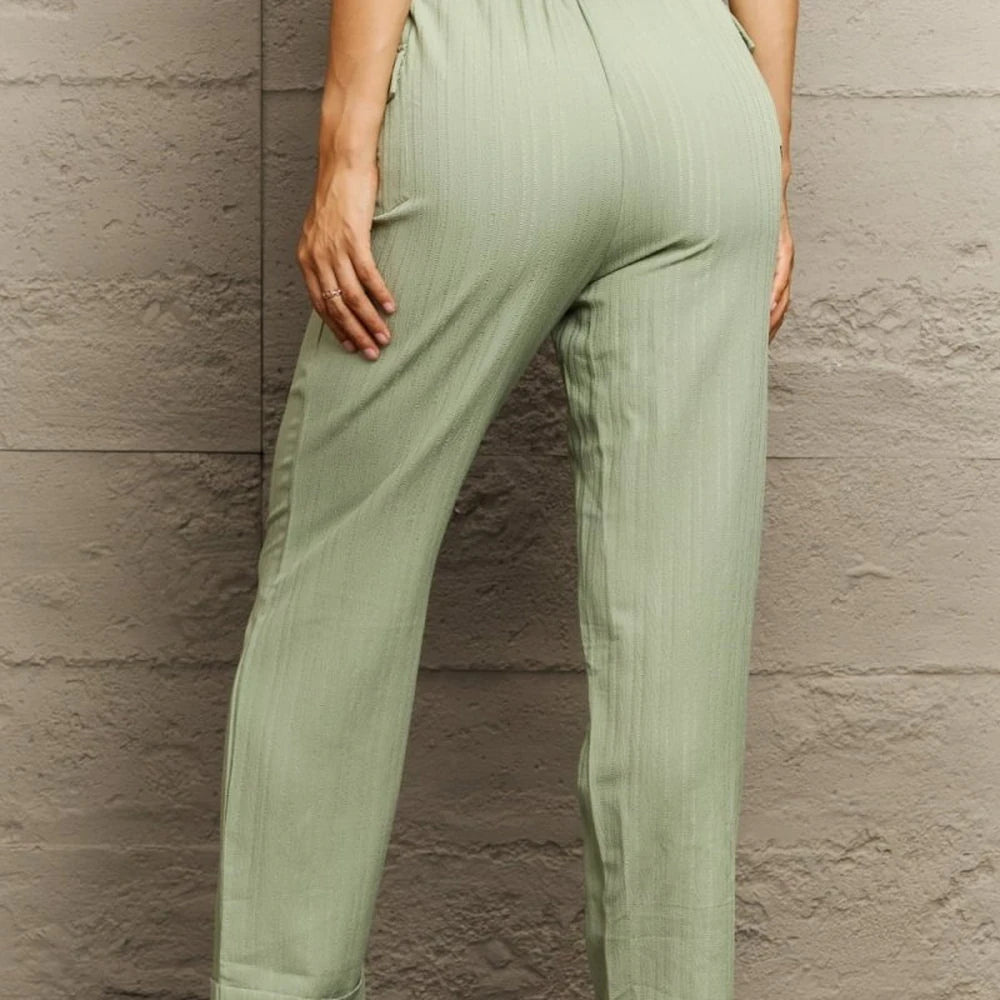 Solid Tie Waist Long Pants