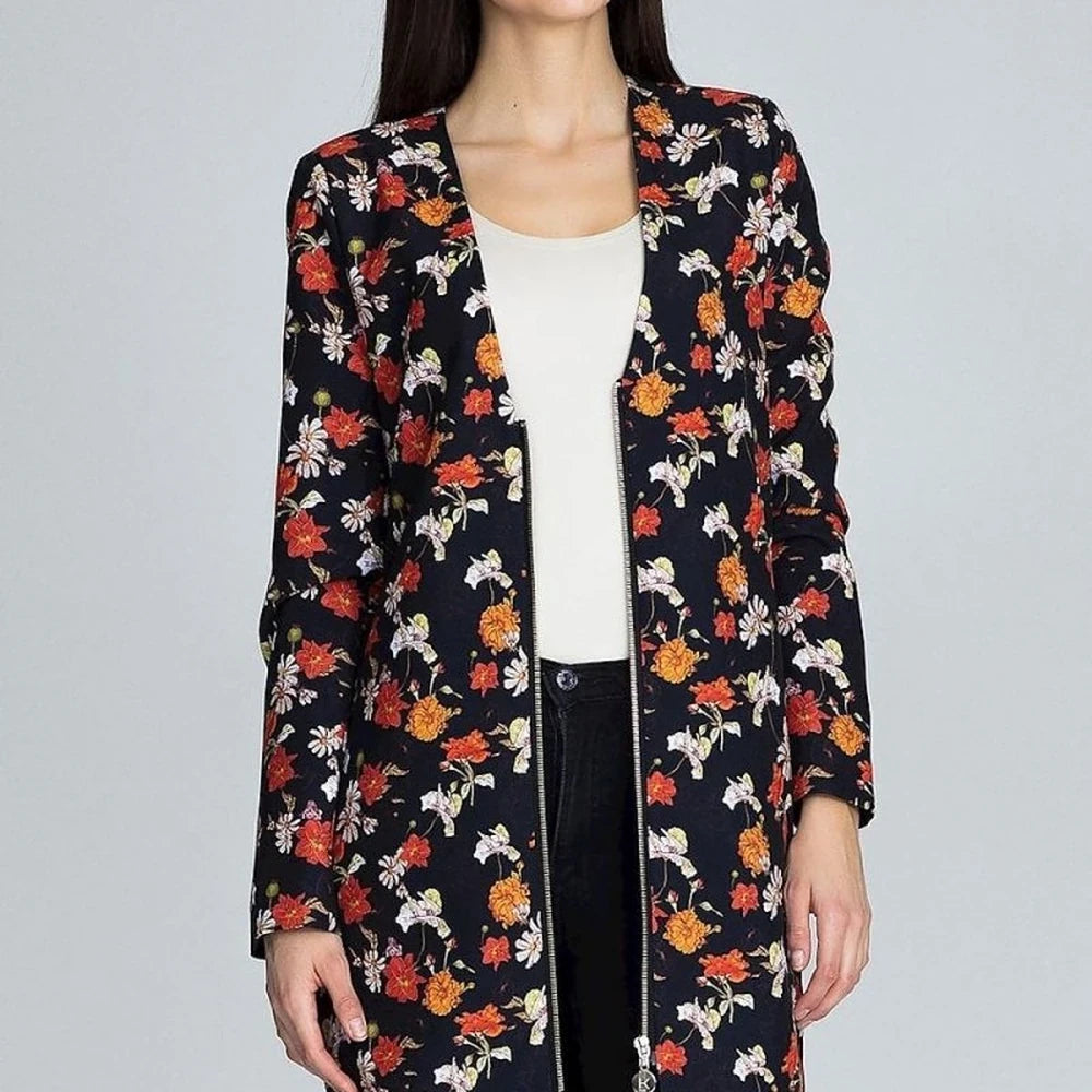 Long Floral Jacket with Decorative Zipper