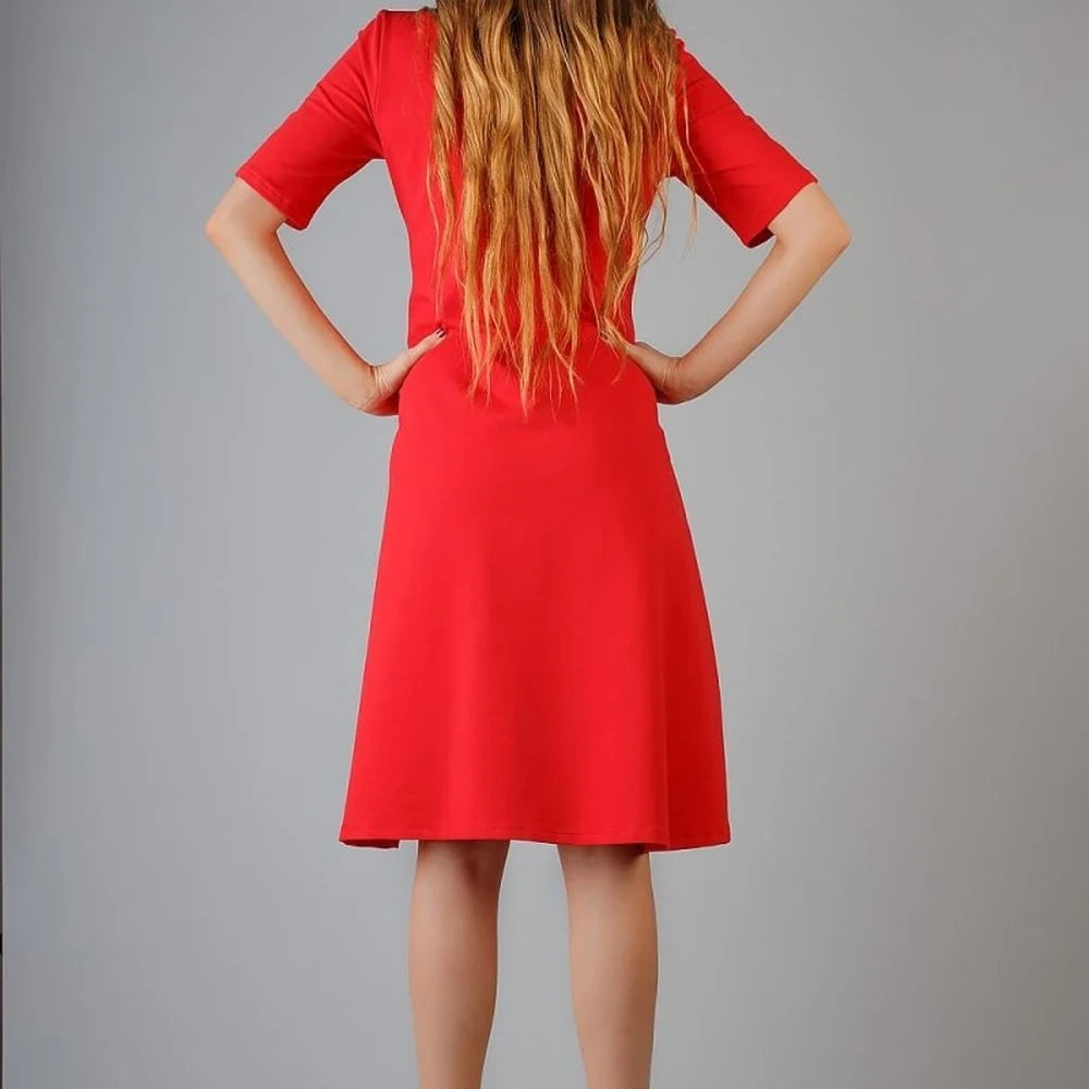 Red Flared Knit Dress with Boat Neck