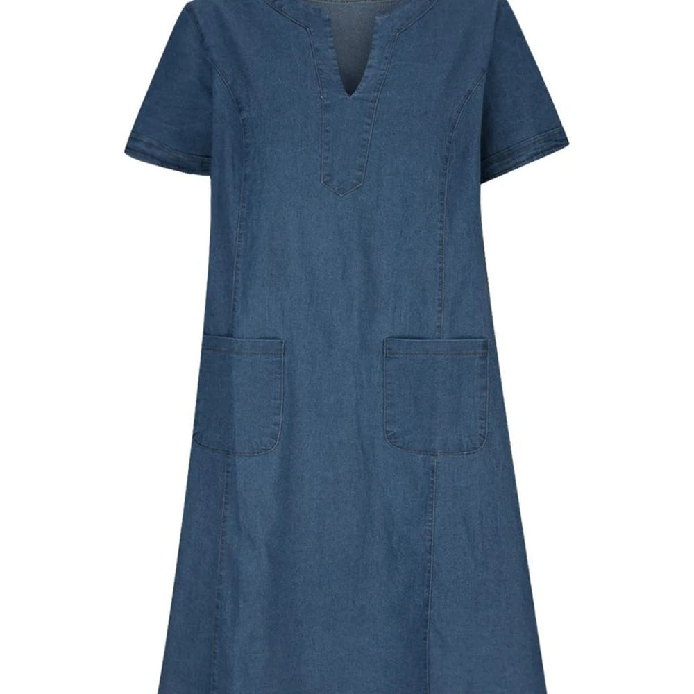 Denim Dress with Notched Collar - Dusty Blue