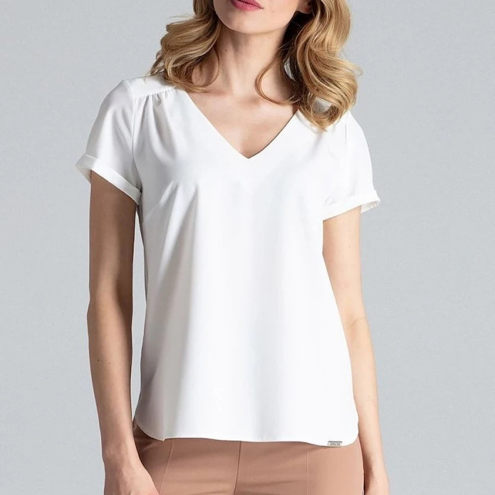 Heart Neck Blouse with Cuffed Short Sleeves