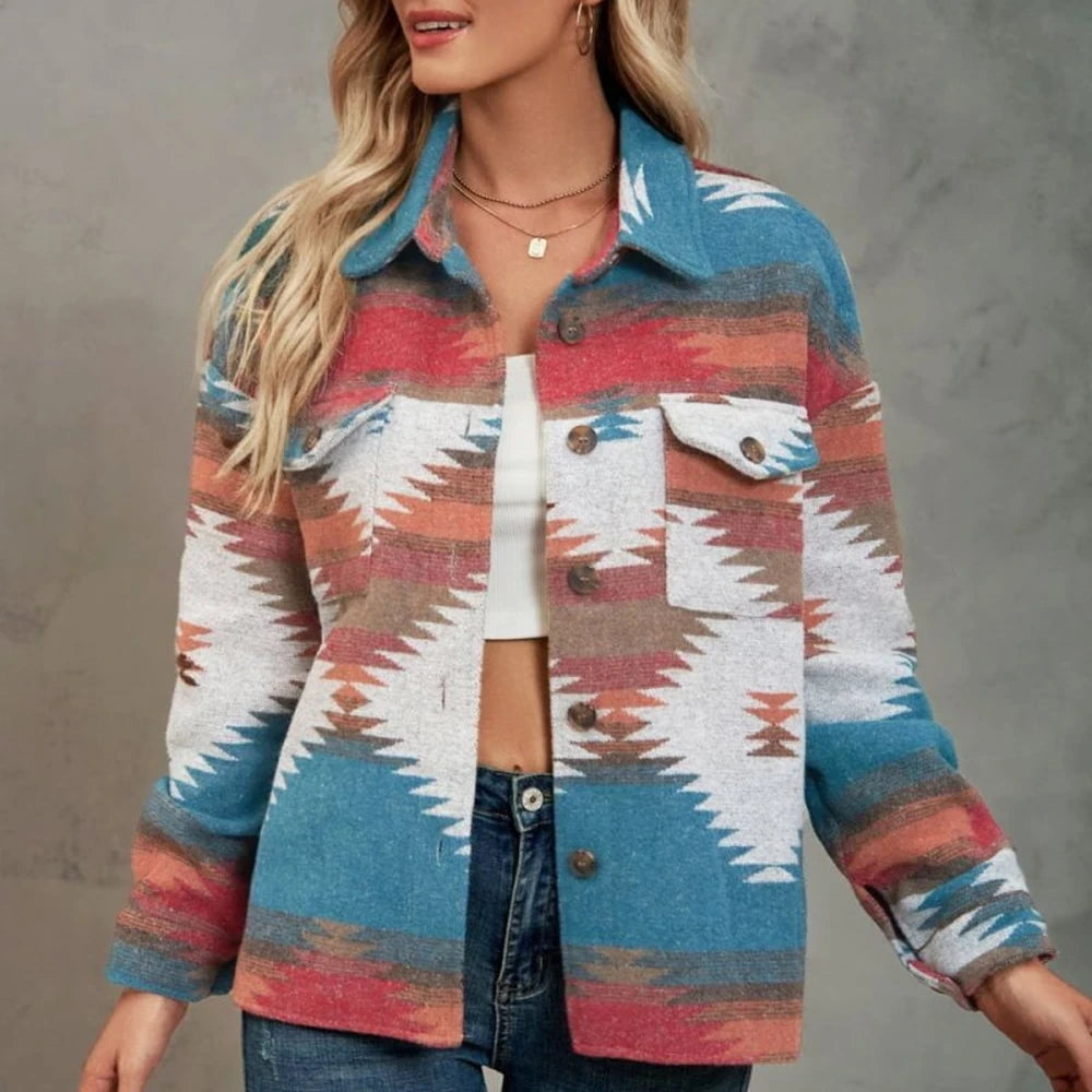 Printed Collared Neck Long Sleeve Casual Jacket