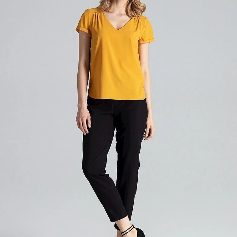 Heart Neck Blouse with Cuffed Short Sleeves