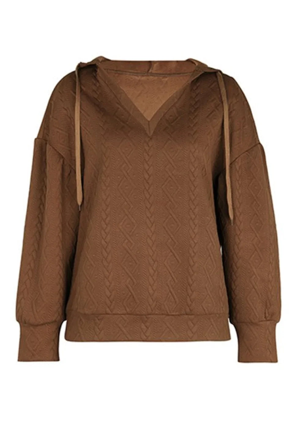 Brown textured V-neck hoodie with drawstring and cuffed sleeves.