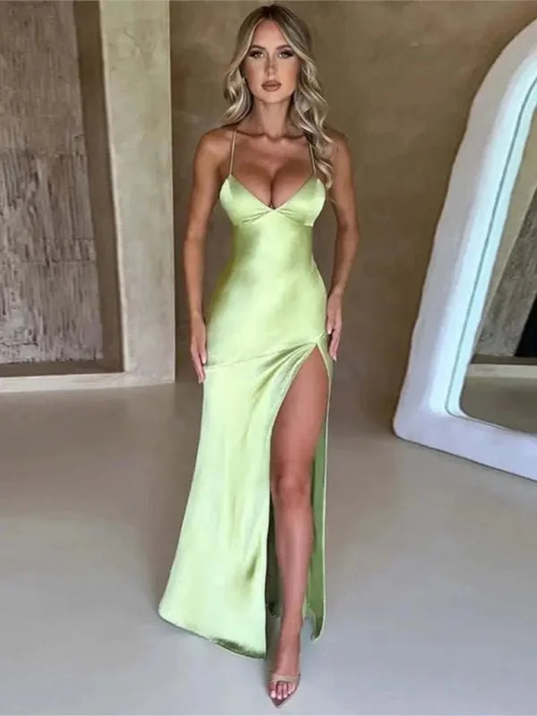 Black V-neck satin maxi dress with slit