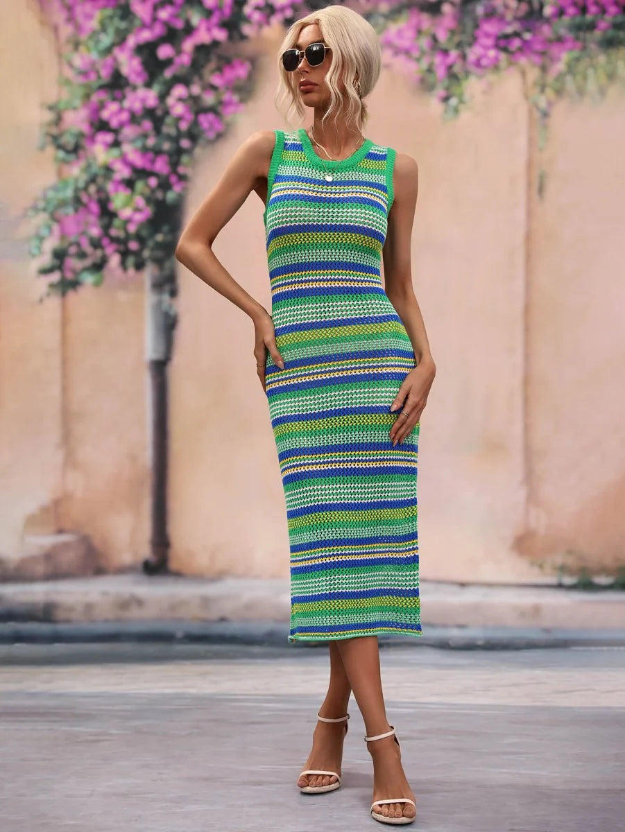 Green, blue, and yellow striped knit midi dress with a crew neck on a model.