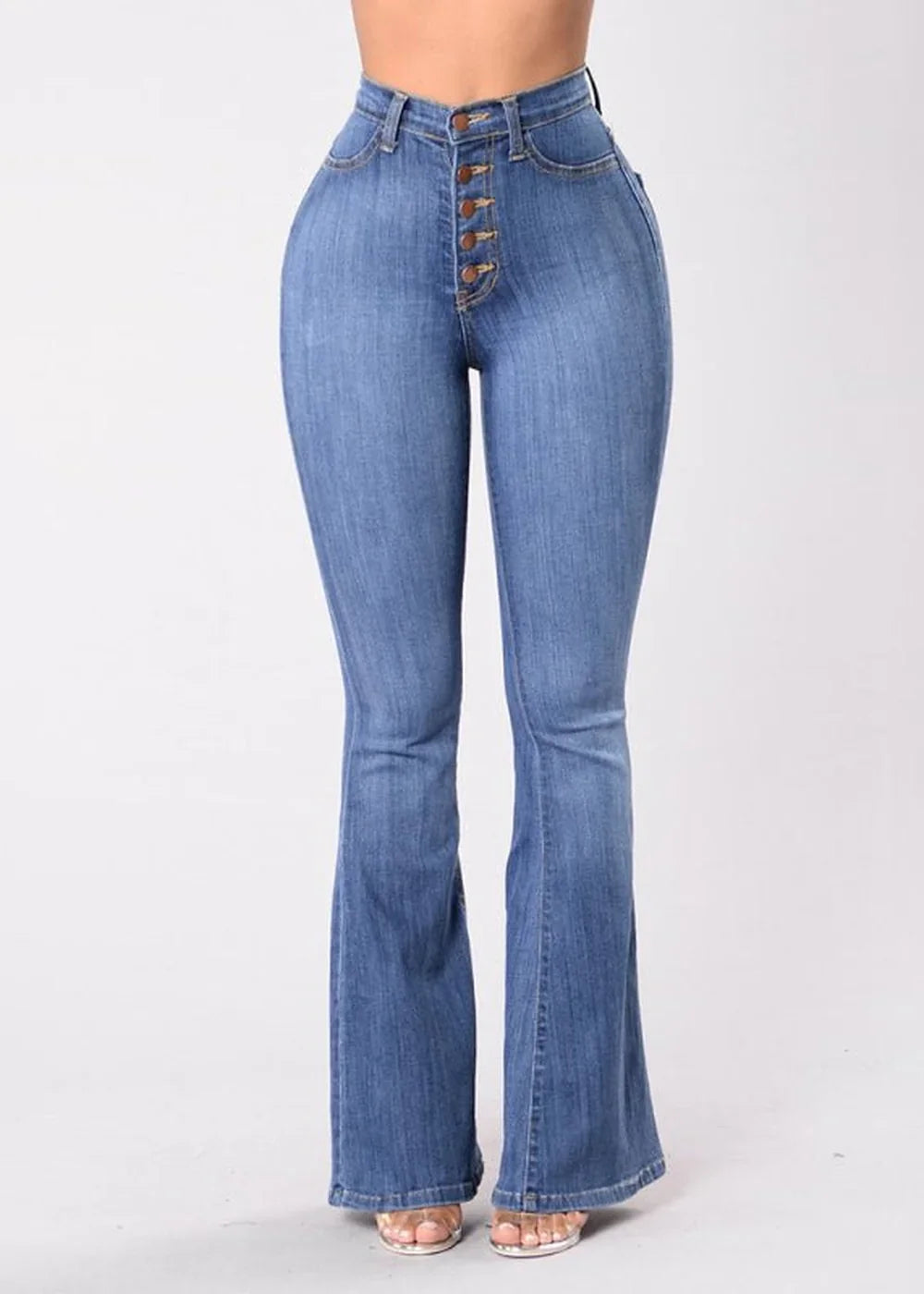 Light wash, high-waisted flare jeans with button-fly closure and a flared leg opening.