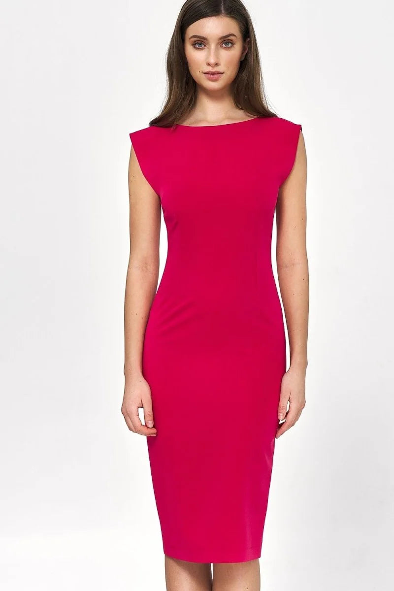 Fitted raspberry pink sleeveless dress with a boat neckline, shown on a model.