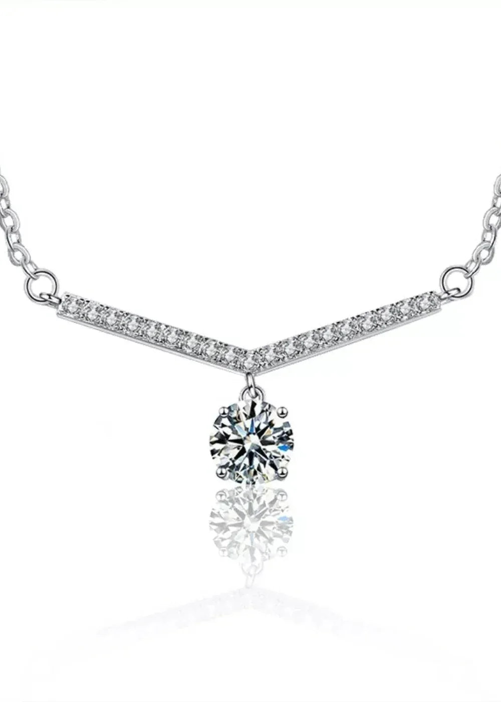 A delicate platinum-plated sterling silver necklace with a V-shaped design adorned with small, shimmering stones, featurin...