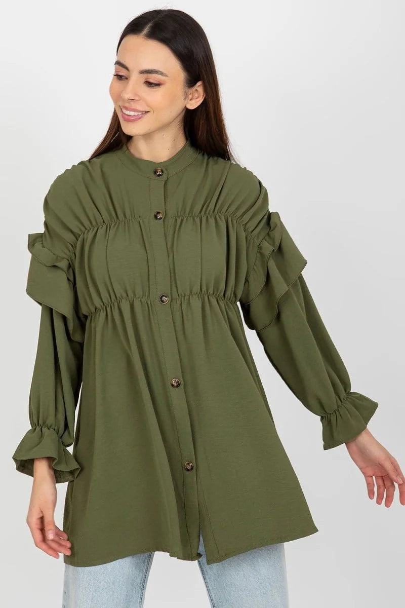 Khaki green ruched button-up tunic with ruffled sleeves on a woman.