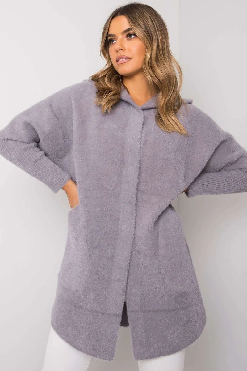 Light gray fluffy hooded cardigan with pockets and ribbed cuffs, on a model.