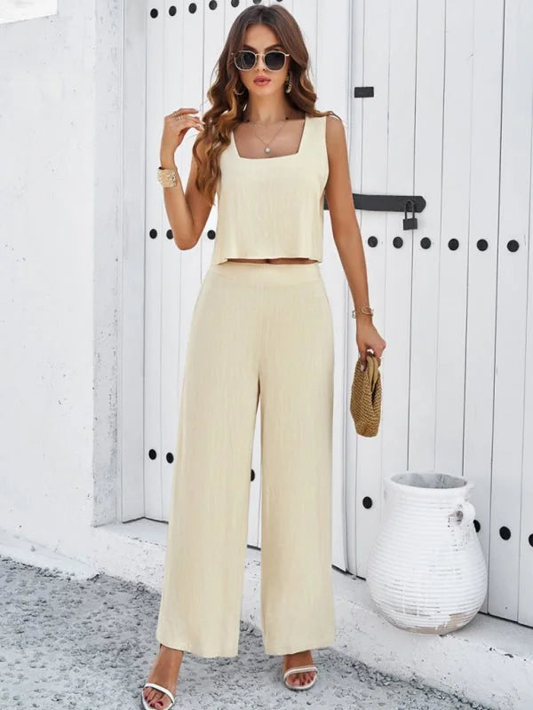 Cream-colored viscose fiber wide-leg pantsuit with a square-neck crop top, full length on model.