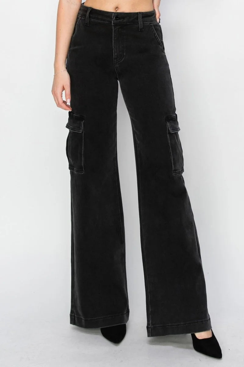 Black wide-leg cargo pants with flap pockets and a high waist.