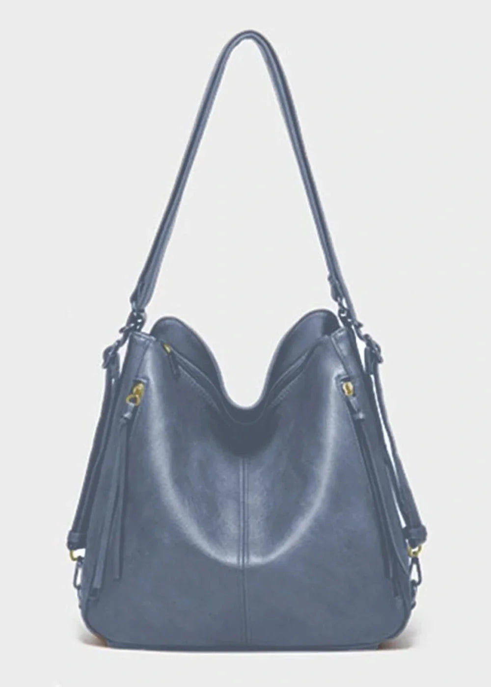 Slate blue hobo bag with gold hardware and tassel accents, made of faux leather.