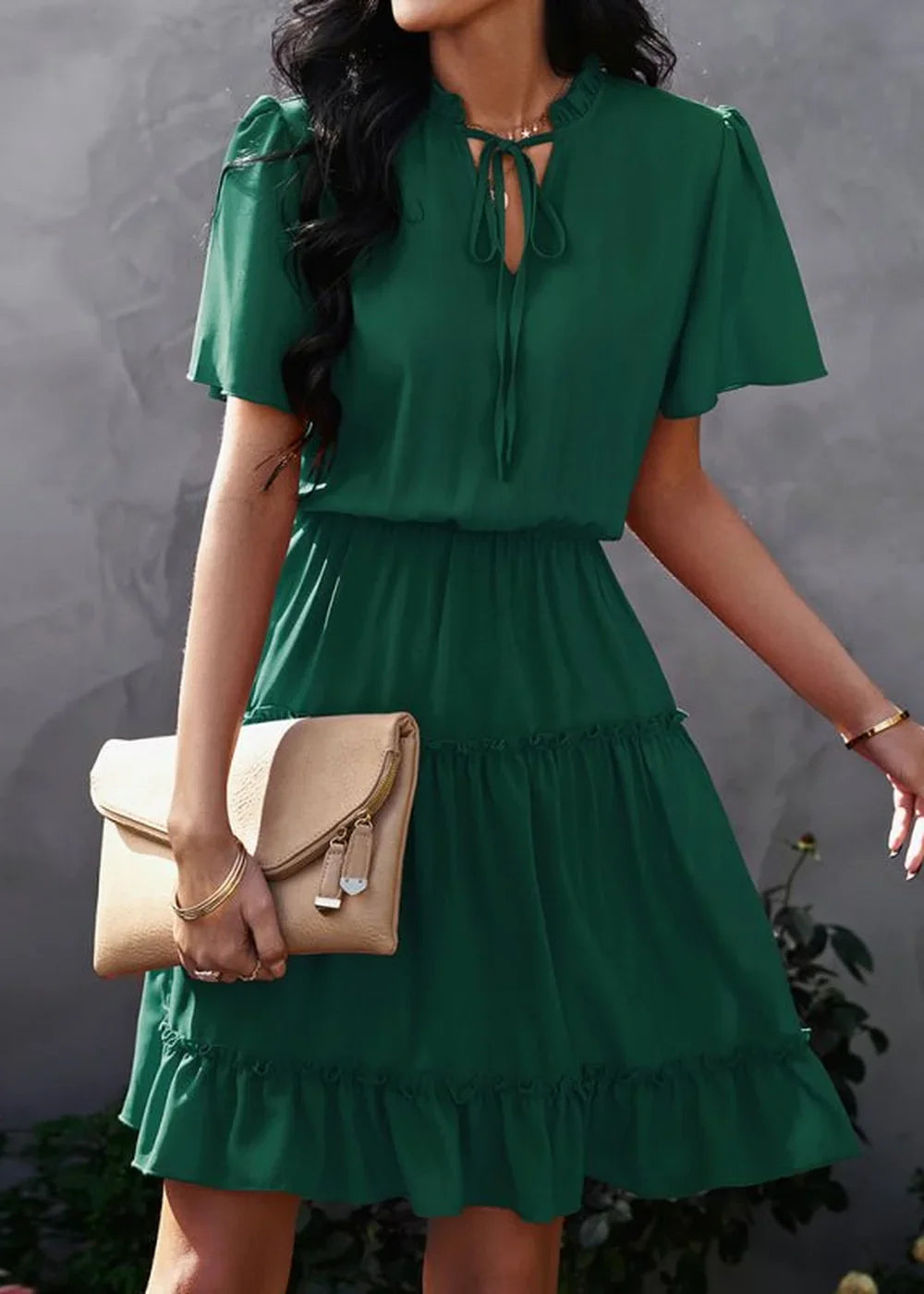 Green black jasper high neck ruffle dress